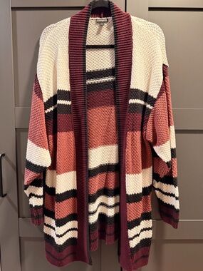 Express Maroon, White, Mauve & Black Striped Open Cardigan